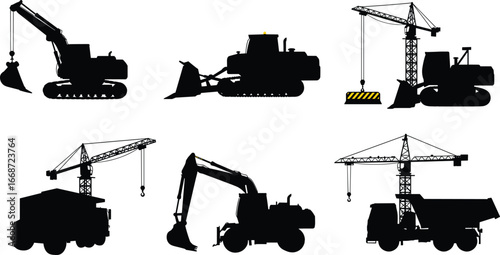 Construction equipment silhouettes set with excavators, tower cranes, bulldozer, and dump truck vector collection for industrial and building projects