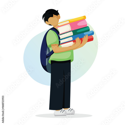 Elementary school kid with school bag and books go to school. Knowledge concept. Hand drawn illustration.