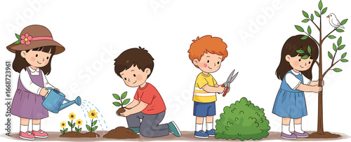 PrintCartoon children gardening, watering flowers, planting green plants, trimming bushes, hugging tree, promoting nature care, teamwork, responsibility, and outdoor activity
