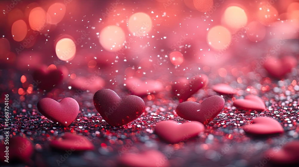 Obraz premium Red hearts sparkle on a bed of glitter, creating a romantic Valentine's Background
