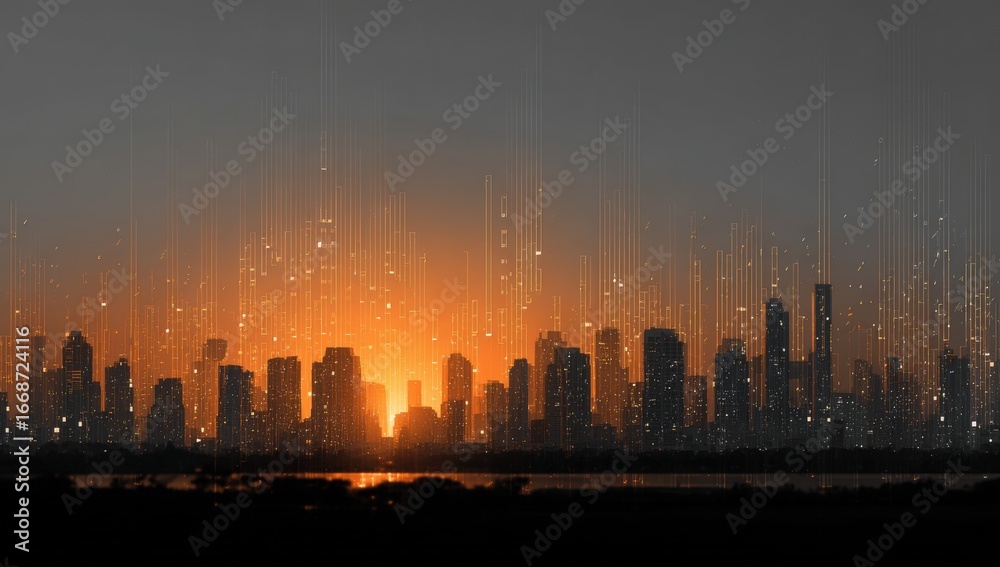 Fototapeta premium City skyline at dawn, digitally enhanced