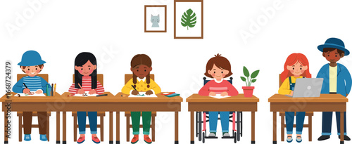 PrintCartoon children in classroom, inclusive education, drawing, painting, writing, laptop use, wheelchair student, diversity, learning activity, school scene