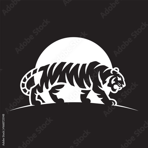 A Powerful Silhouette of a Walking Tiger in Front of a Full Moon or Sun. Vector Illustration.