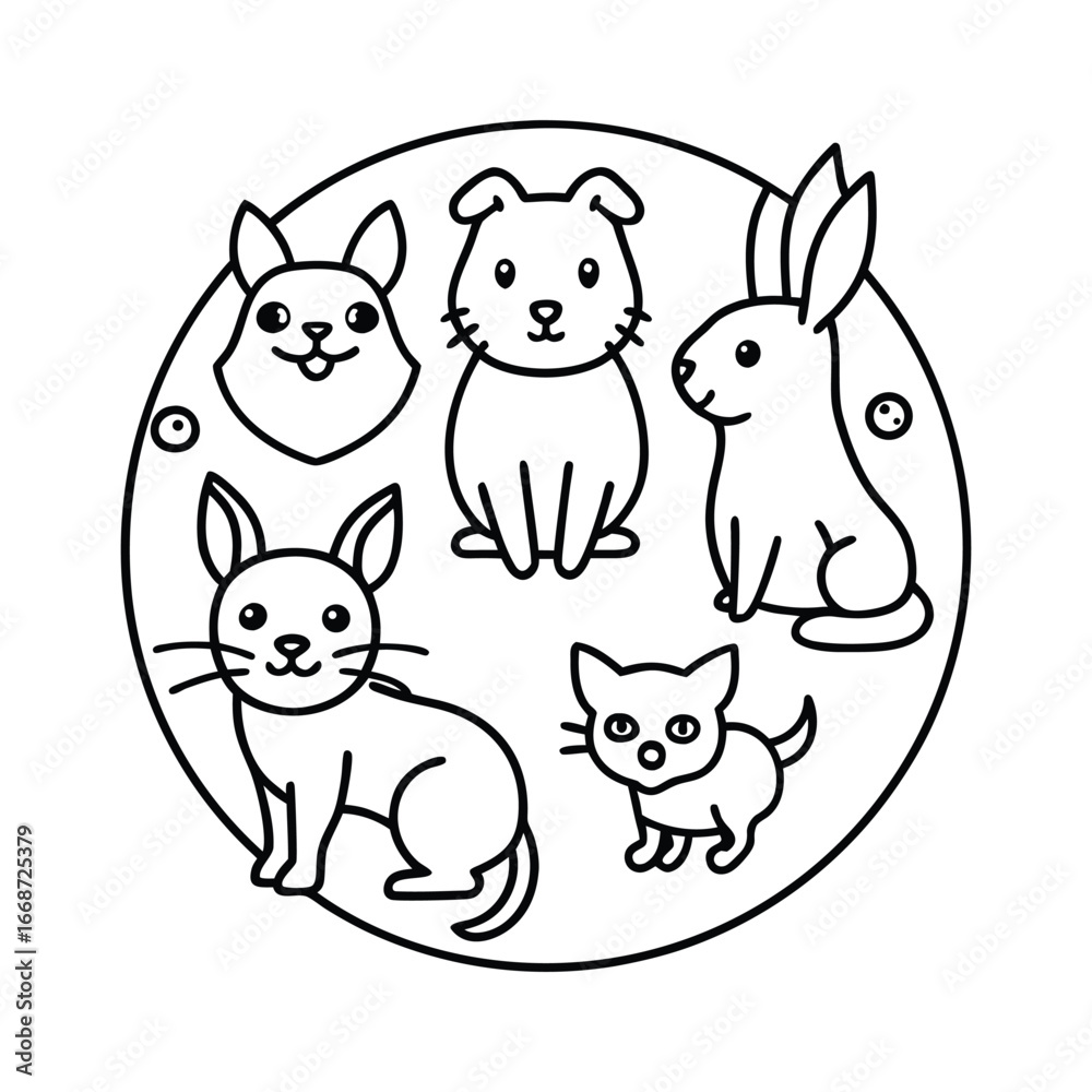 Obraz premium Cute cartoon animals circle illustration with dog cat and rabbit