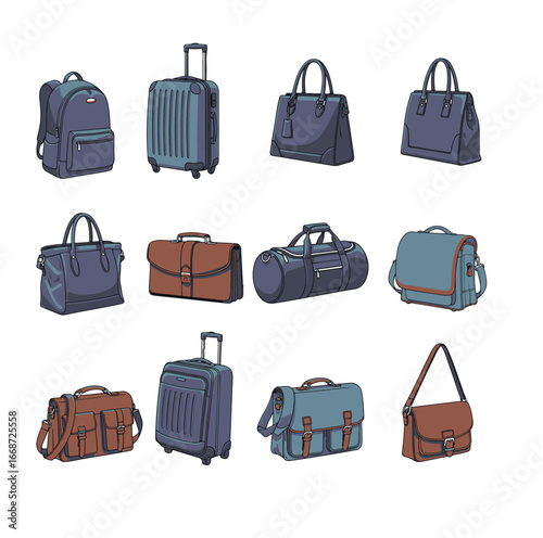 Vector illustration set of color bags and travel luggage with handles for journey