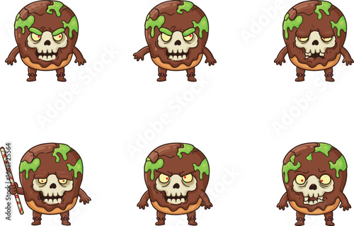 Halloween chocolate truffle characters with skull faces, green slime topping, spooky candy design for horror, fantasy, and seasonal vector themes
