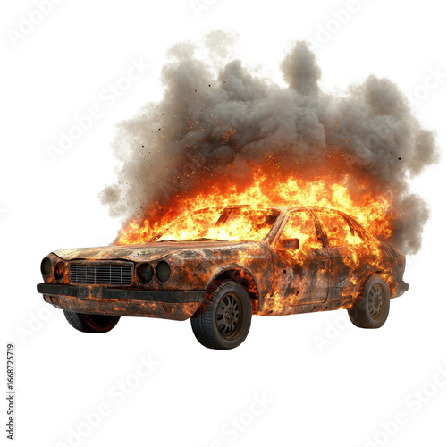 3D render of a Car exploding in burning flames isolated on a transparent Background