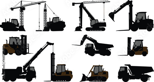 Construction machinery silhouettes set with cranes, excavators, forklifts, bulldozers, dump trucks, pile driver and heavy equipment vehicles vector illustration