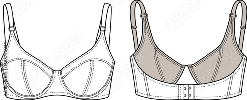PrintDetailed technical vector illustration of bra front and back views with stitching, seams, straps, and closure for lingerie design reference