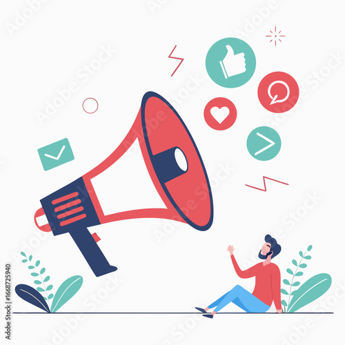 Man sitting near a large megaphone with social media icons floating around it on a white background