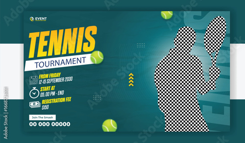 Tennis tournament banner template with player and ball illustration