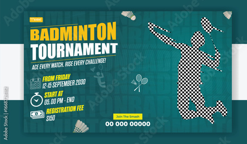 Badminton tournament poster design with player smashing shuttlecock on green court