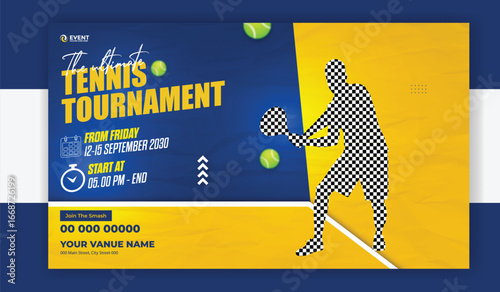 Tennis tournament banner template with player and ball illustration