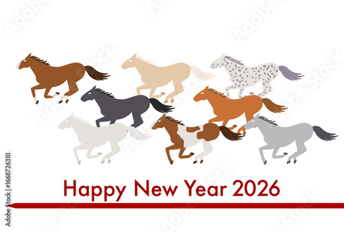 いろいろな種類の走る馬の2026年（午年）年賀状イラスト