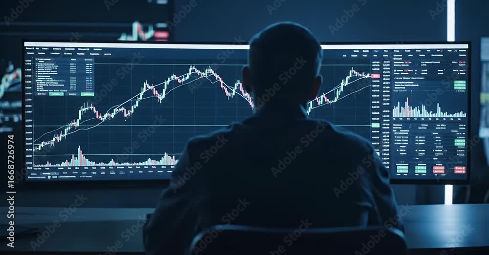 Financial analyst watching stock market data on multiple monitors in a dark office.