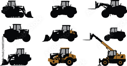 Construction equipment silhouettes set with bulldozers, wheel loaders, rollers, backhoe loaders, telehandlers, heavy machinery, earthmoving and lifting vehicles vector pack
