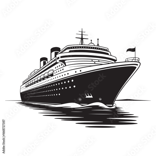 A large cruise ship sailing on the ocean waves. A retro, black and white engraved style. Vector Illustration.
