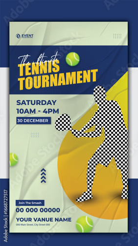 Tennis tournament match Story template design with rackets and ball illustration