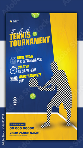 Tennis tournament match Story template design with rackets and ball illustration