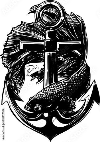 Betta fish and anchor illustration
