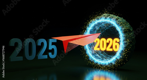 A red paper airplane flies through a glowing blue portal, leaving the year 2025 behind and heading into 2026, representing a new year transition.