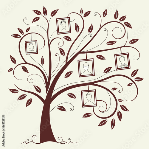 A brown family tree with leaves and framed portraits hanging from the branches on a light background