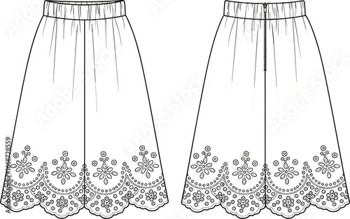 PrintFlared skirt technical fashion illustration, elastic waistband, floral embroidery, scalloped hem, pleated front, back seam, garment construction vector drawing