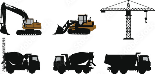 Construction vehicle silhouettes set with excavator, bulldozer, tower crane, cement mixer truck, dump truck, heavy machinery, earthmoving equipment, industrial building machines vector illustration
