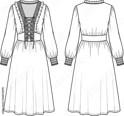 PrintKnee-length dress technical fashion sketch, lace-up bodice, ruffled neckline, gathered sleeves, smocked cuffs, A-line silhouette, garment construction vector