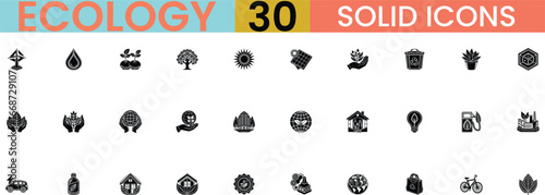 Collection of 30 bold ecology icons representing nature conservation and sustainability concepts vector