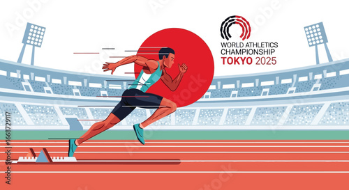 Illustration of a professional male sprinter exploding from starting blocks on a stadium running track