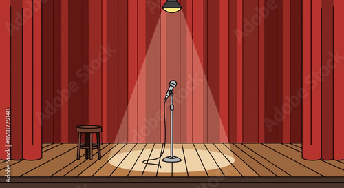 Empty Stage with Microphone and Stool Under Spotlight Ready for the Show