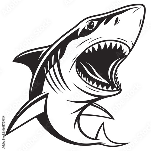 Black and white graphic of a great white shark with open mouth and sharp teeth animal