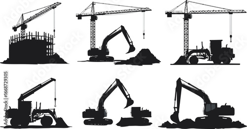 Construction silhouette set with tower crane, excavator, bulldozer, construction site, heavy machinery, earthmoving equipment, industrial building, loader, digger