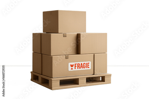 Cardboard boxes on wooden palette with fragile label on transparent background