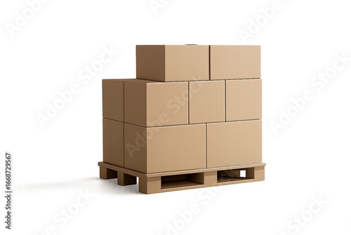 Cardboard boxes arranged compactly on wooden palette on transparent background