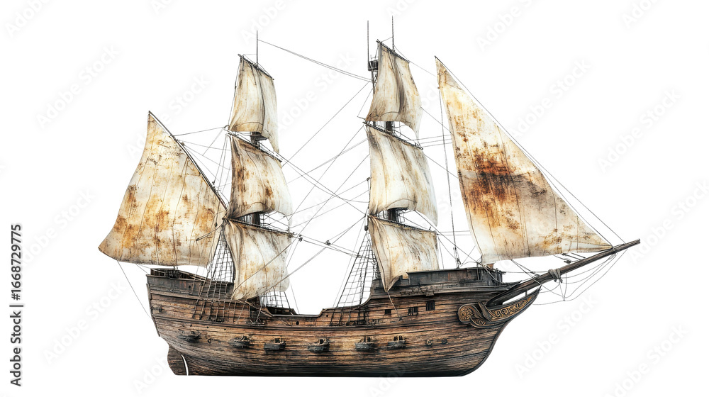 Fototapeta premium Ancient pirate ship illustration in PNG style with transparent background for nautical and maritime-themed designs and projects