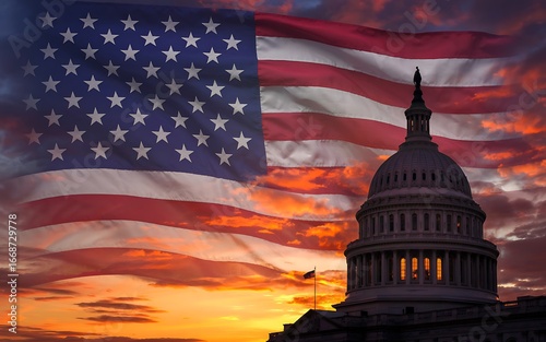 Us capitol building and american flag at sunset
