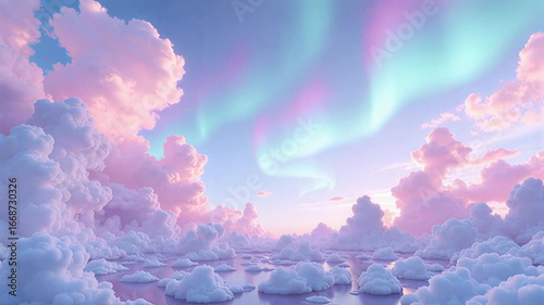 Dreamy aurora borealis dancing above pink clouds in peaceful, magical sky video sequence