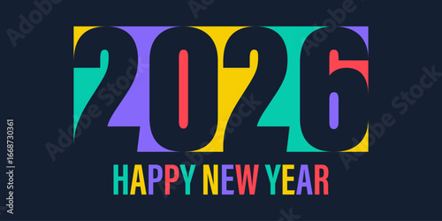 card or banner to wish a happy new year 2026 in several colors and black on a black background