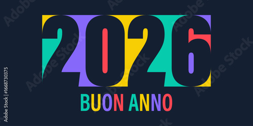 biglietto o striscione per augurare un felice anno nuovo 2026 in vari colori e nero su sfondo nero