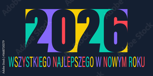 kartka lub baner z życzeniami szczęśliwego Nowego Roku 2026 w kilku kolorach i czerni na czarnym tle