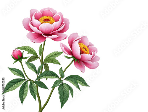  two pink peony flowers with a bud and green leaves isolated on transparent background