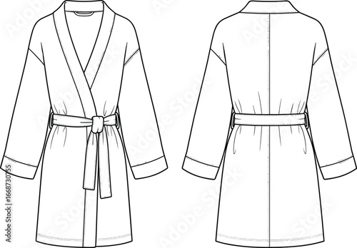 PrintTechnical vector illustration of bathrobe front and back views with shawl collar, belt bow, long sleeves, above knee, stitching details