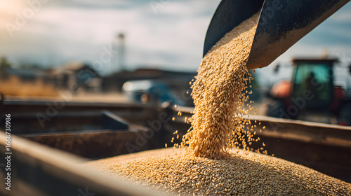Agricultural machinery pouring harvested grain into trailer