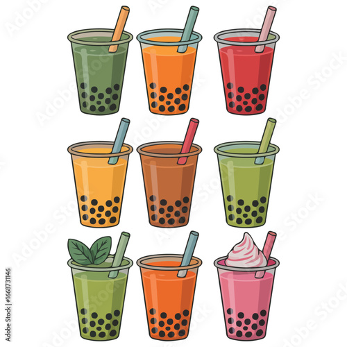 Bubble milk tea with tapioca pearls Asian Taiwanese beverage isolated vector illustration on white background