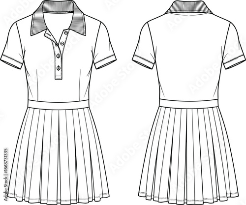PrintTechnical flat sketch vector illustration of pleated polo dress design with short sleeves and collar, front and back view template