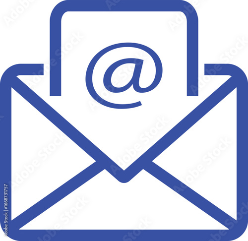 Blue envelope with '@' symbol represents email communication and digital messaging vector