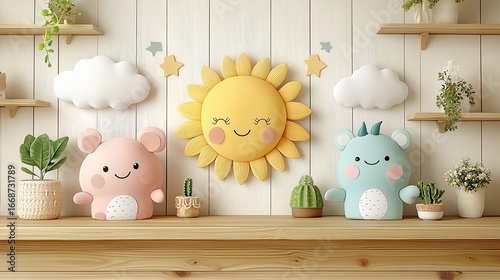 “Cute Kids' Room Decor with Plush Toys and Sun - Cloud Wall Art”