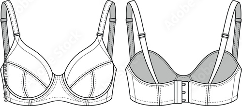 PrintTechnical vector illustration of bra front and back views with underwire, straps, seams, and closure for lingerie design and garment construction